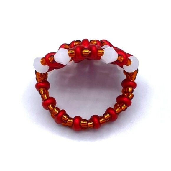 Velvet Red with Bronze and Opal White Crystal Beaded Statement Ring Size 9 - Picture 5 of 8